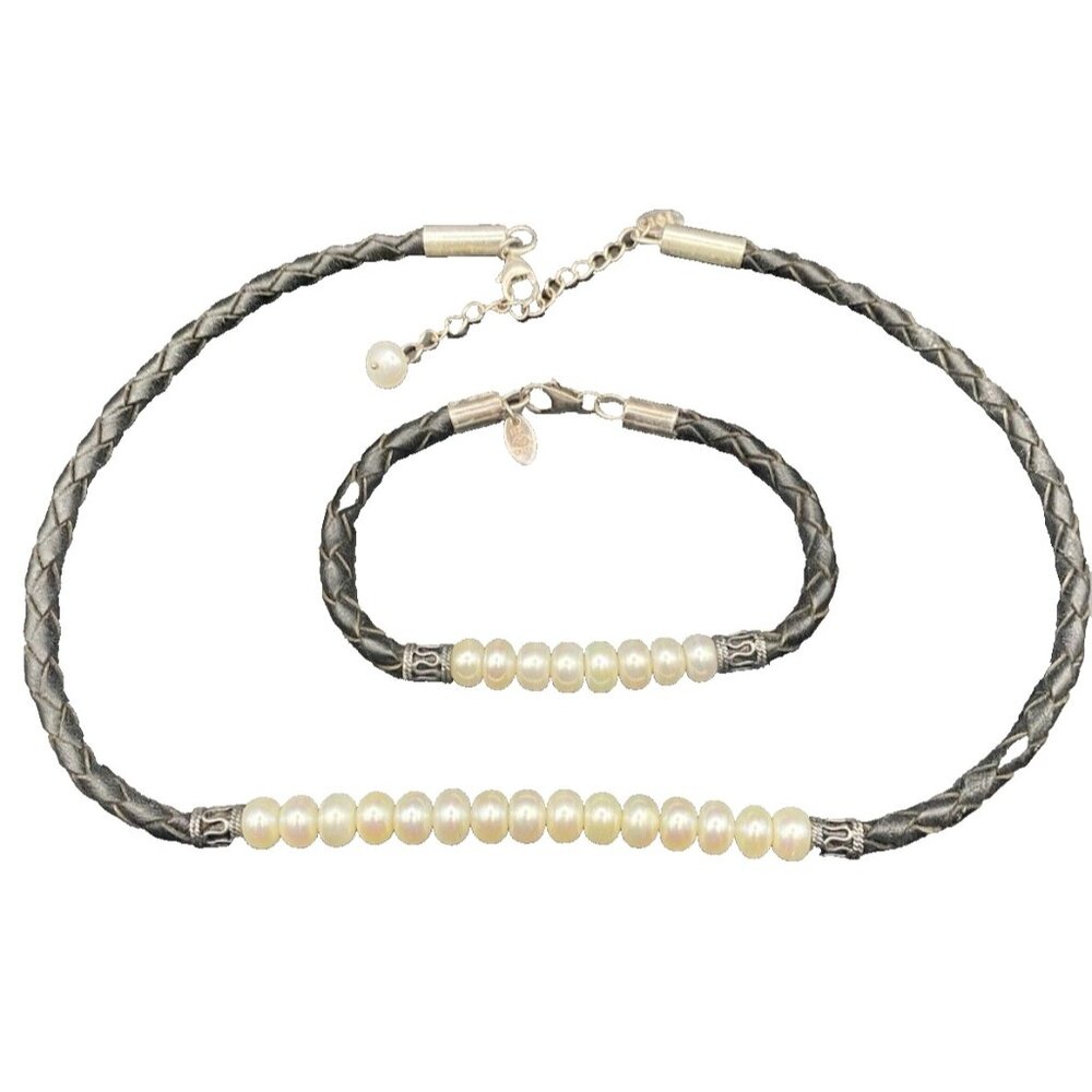 Necklace & Bracelet Set Sterling Silver Freshwater Pearls Braided Black Leather